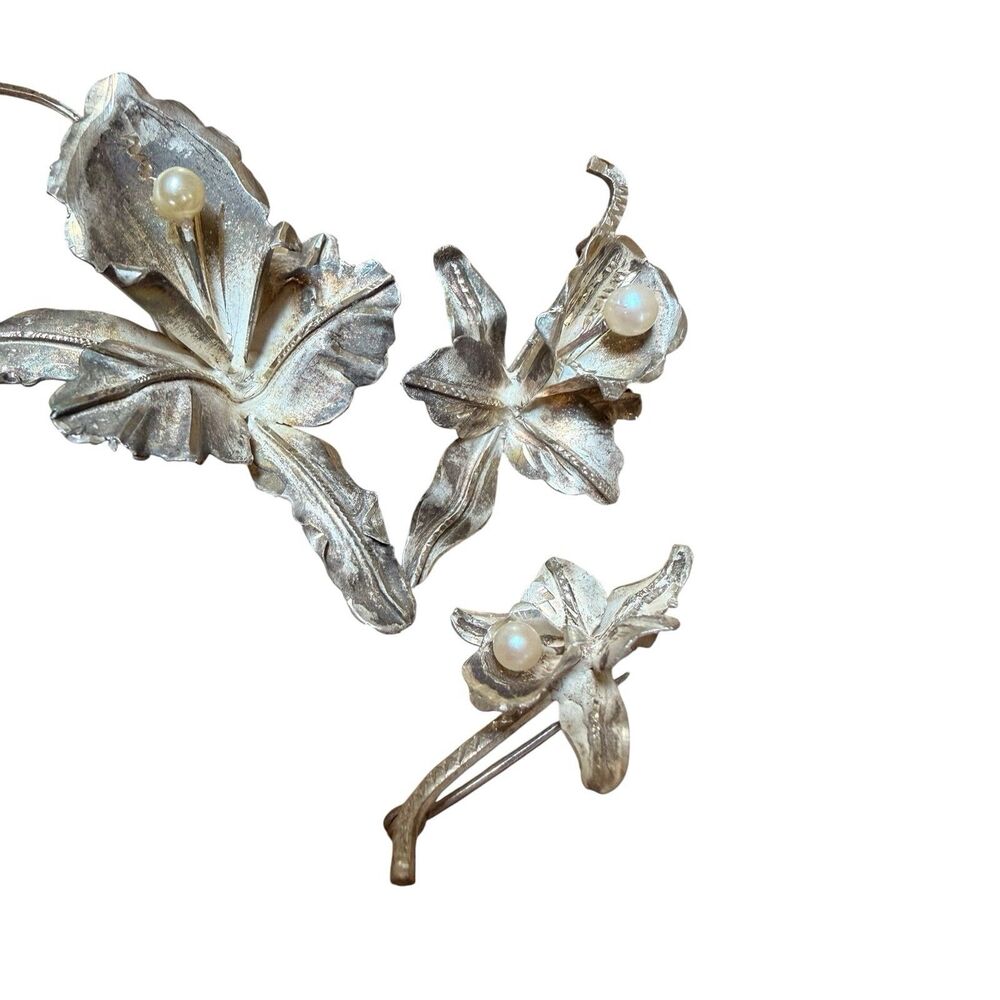 VTG Set Of 3 Sterling Silver Orchid Brooch Pearl Pin Retro Modernist Mid Century